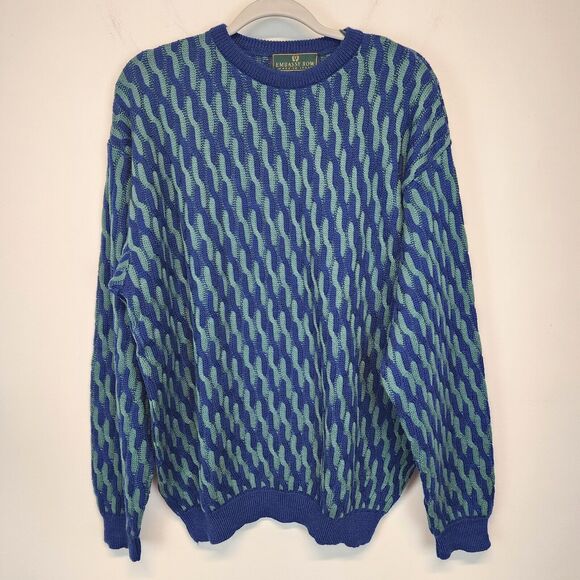 Vintage Embassy Row Geo Knit Sweater Size XL Merino Wool Blue Green Retro 80s - Picture 2 of 14